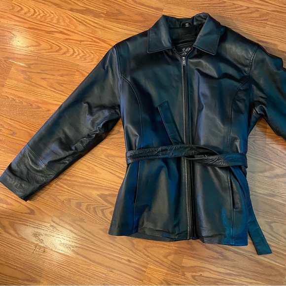 Vintage Y2K Leather Jacket Bomber Jacket Tie Waist Black Soft Leather Coat - Picture 4 of 14